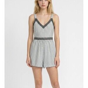 Japna Stripe Romper White Gray Embroidered Spaghetti Straps Smoked Size M